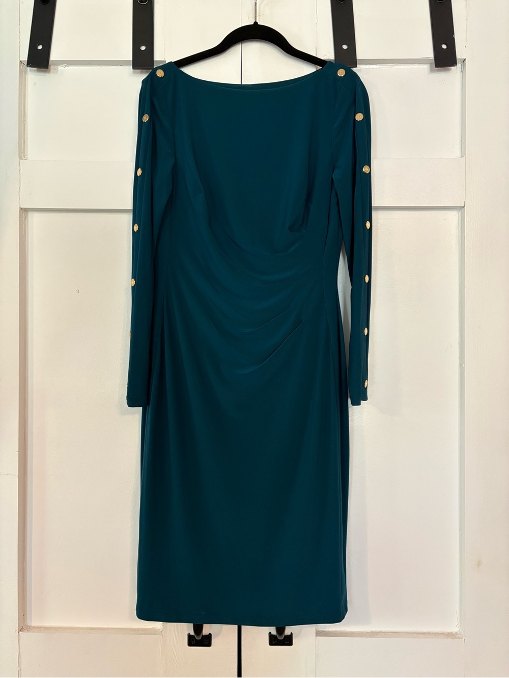 Ralph Lauren Teal Long-Sleeve Midi Dress with Gold Buttons